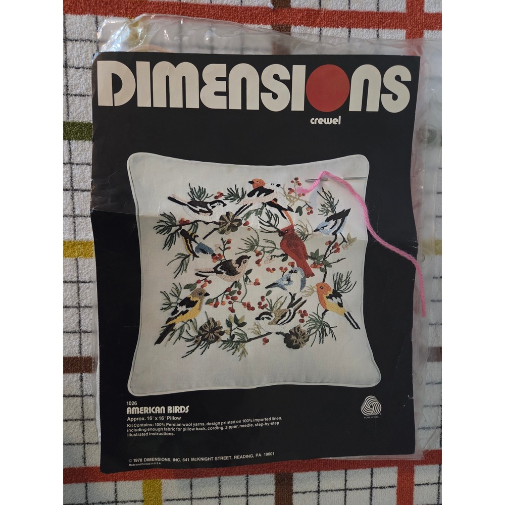 Vintage 1978 Dimensions Crewel Embroidery Kit American Birds 1026 Pillow 16x16